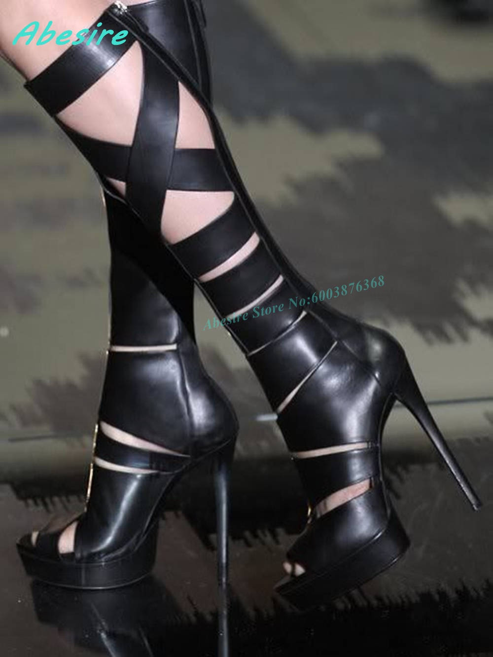 Women'S Fashion Knee High Boots - Sandales en cuir ajourées à nouer