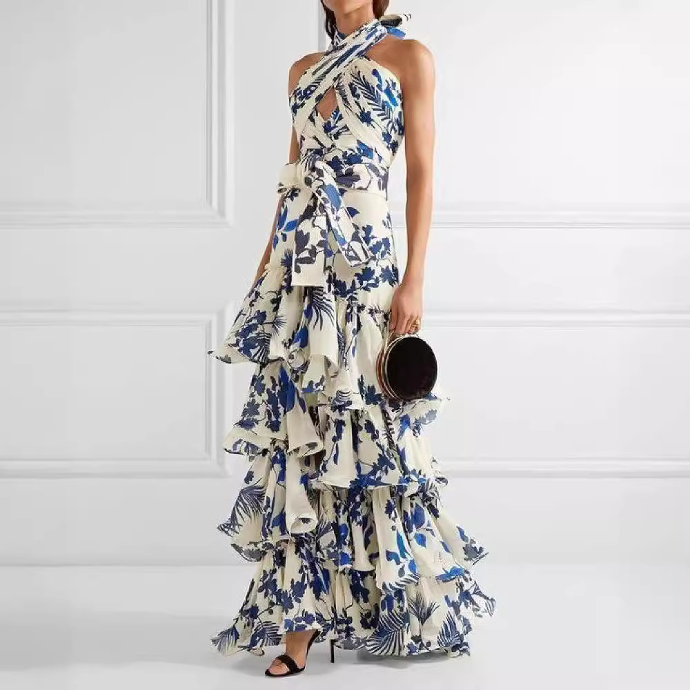 Women Fashion Necktie - Robe longue bohème florale à licou,
